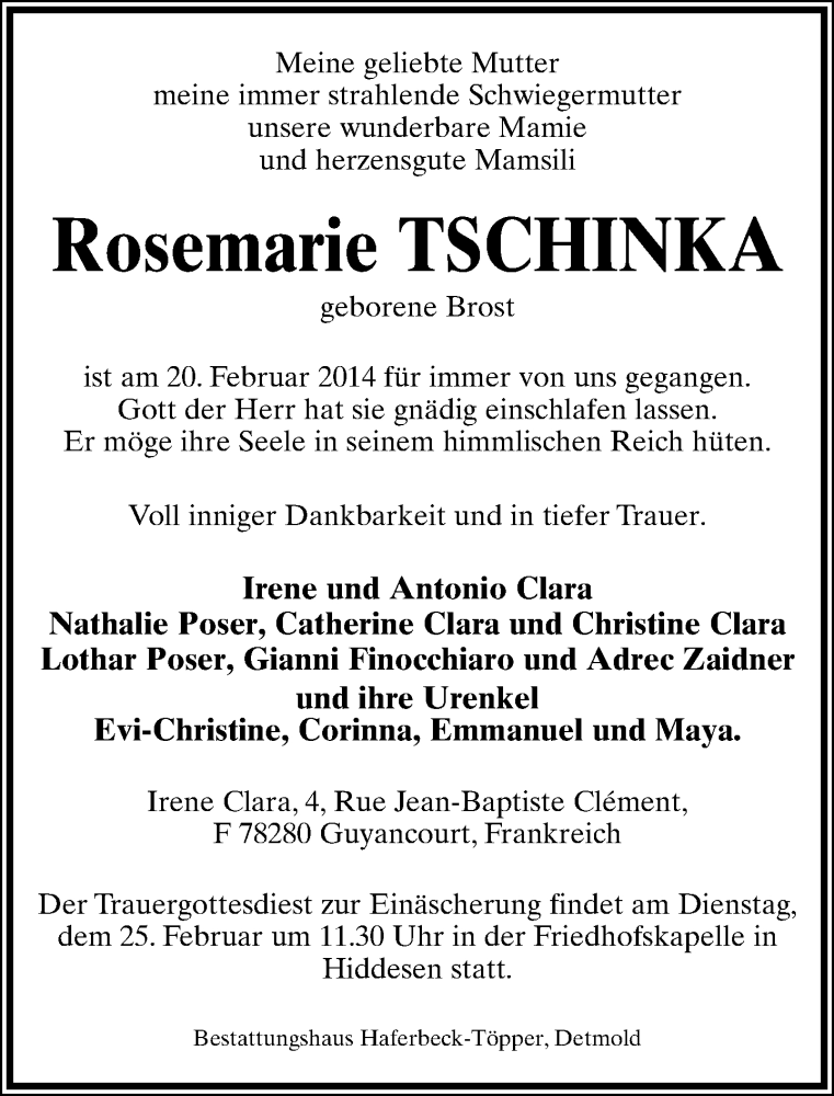  Traueranzeige für Rosemarie Tschinka vom 22.02.2014 aus Lippische Landes-Zeitung