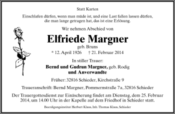Anzeige  Elfriede Margner  Lippische Landes-Zeitung