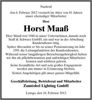 Anzeige  Horst Maaß  Lippische Landes-Zeitung