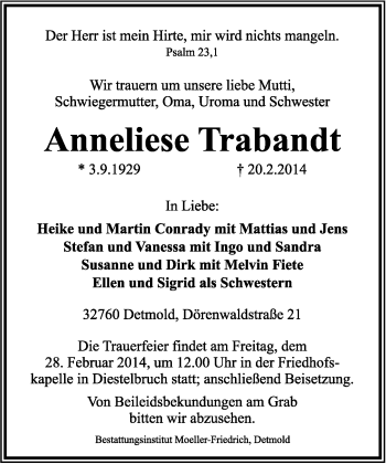 Anzeige  Anneliese Trabandt  Lippische Landes-Zeitung