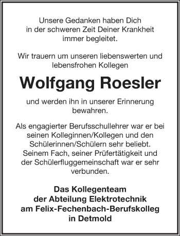 Anzeige  Wolfgang Roesler  Lippische Landes-Zeitung