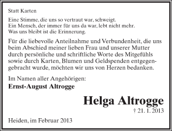 Anzeige  Helga Altrogge  Lippische Landes-Zeitung