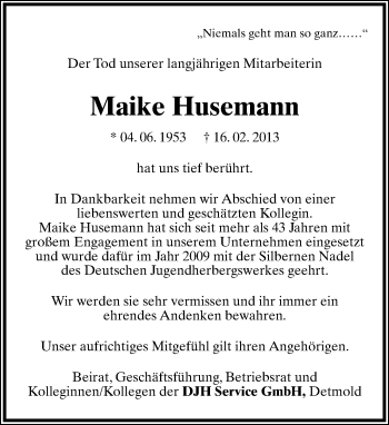 Anzeige  Maike Husemann  Lippische Landes-Zeitung
