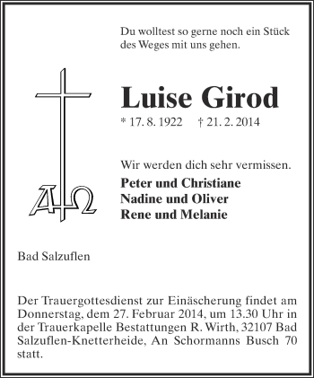Anzeige  Luise Girod  Lippische Landes-Zeitung