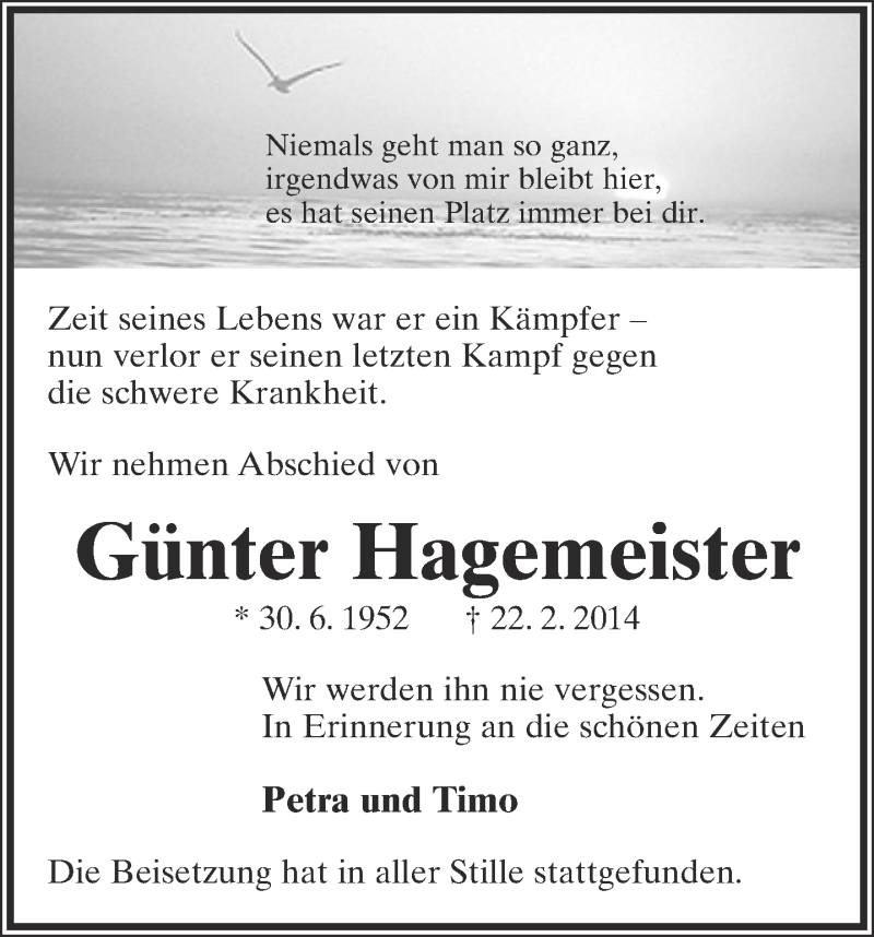  Traueranzeige für Günter Hagemeister vom 01.03.2014 aus Lippische Landes-Zeitung