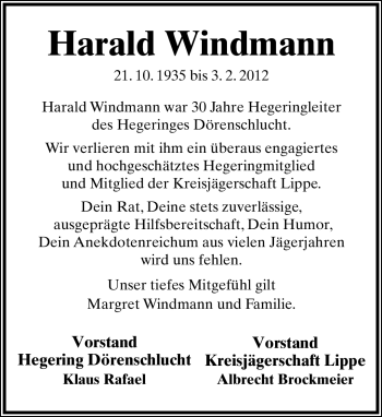Anzeige  Harald Windmann  Lippische Landes-Zeitung