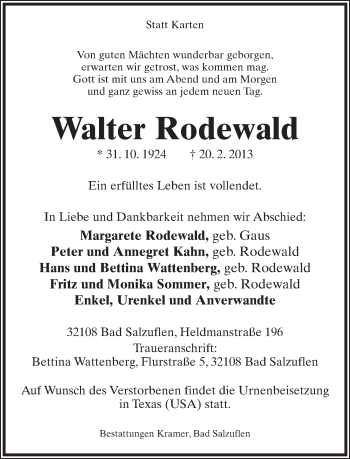 Anzeige  Walter Rodewald  Lippische Landes-Zeitung