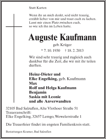 Anzeige  Auguste Kaufmann  Lippische Landes-Zeitung