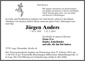 Anzeige  Jürgen Anders  Lippische Landes-Zeitung