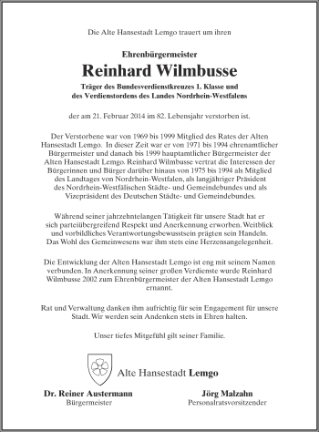Anzeige  Reinhard Wilmbusse  Lippische Landes-Zeitung