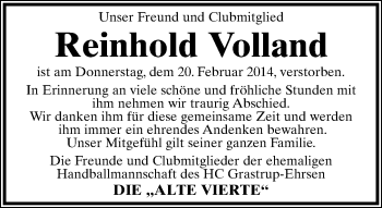 Anzeige  Reinhold Volland  Lippische Landes-Zeitung