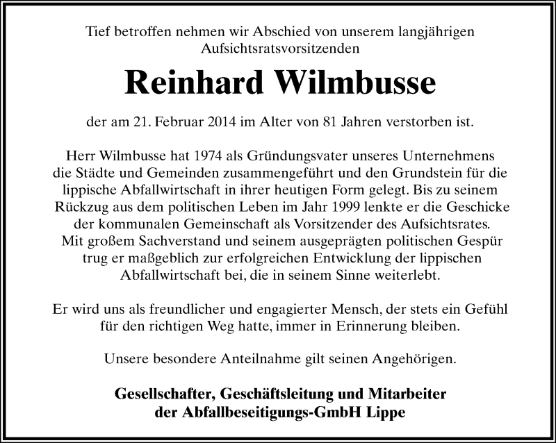  Traueranzeige für Reinhard Wilmbusse vom 25.02.2014 aus Lippische Landes-Zeitung