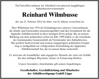 Anzeige  Reinhard Wilmbusse  Lippische Landes-Zeitung