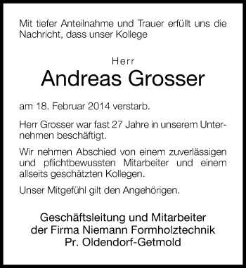 Anzeige  Andreas Grosser  Lippische Landes-Zeitung
