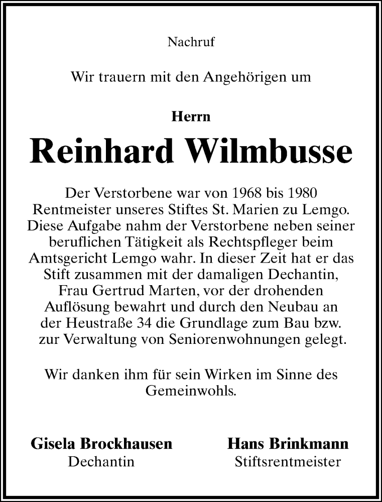  Traueranzeige für Reinhard Wilmbusse vom 25.02.2014 aus Lippische Landes-Zeitung