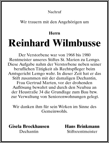 Anzeige  Reinhard Wilmbusse  Lippische Landes-Zeitung