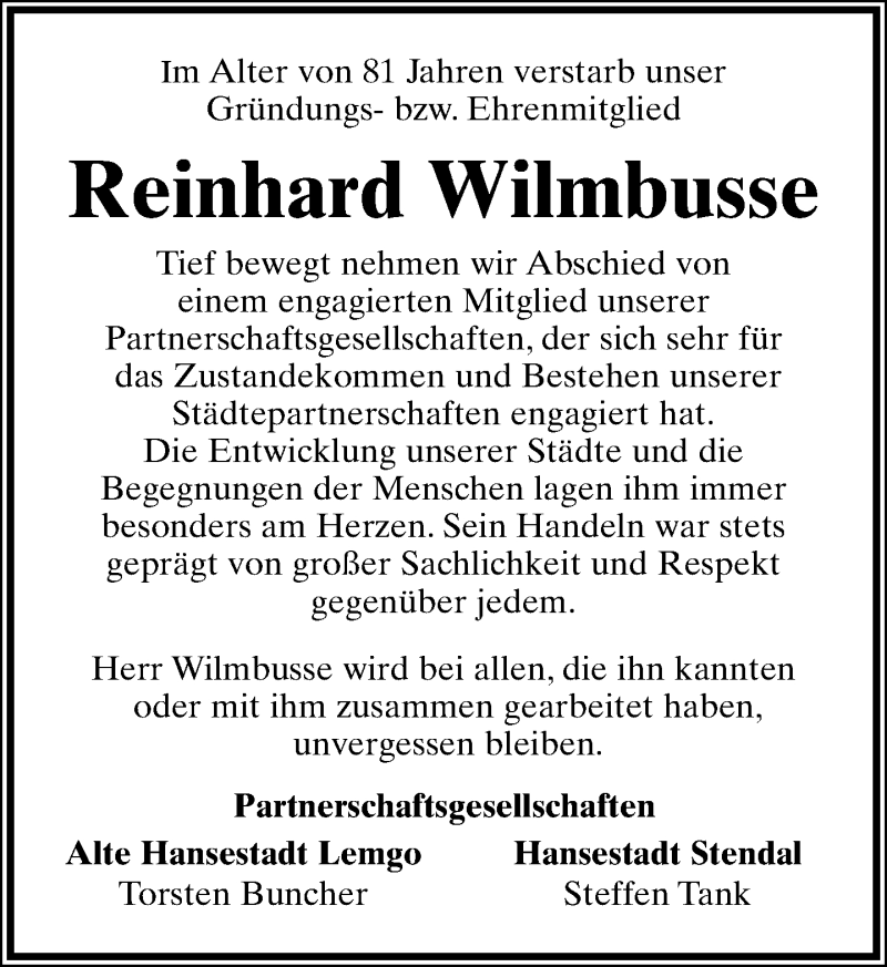  Traueranzeige für Reinhard Wilmbusse vom 25.02.2014 aus Lippische Landes-Zeitung