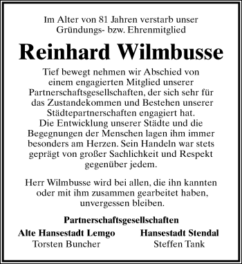 Anzeige  Reinhard Wilmbusse  Lippische Landes-Zeitung