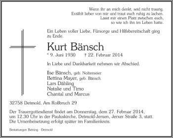 Anzeige  Kurt Bänsch  Lippische Landes-Zeitung