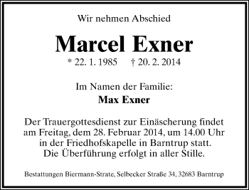 Anzeige  Marcel Exner  Lippische Landes-Zeitung