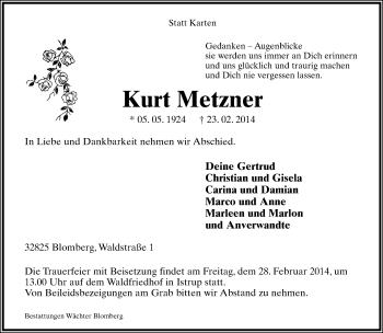 Anzeige  Kurt Metzner  Lippische Landes-Zeitung