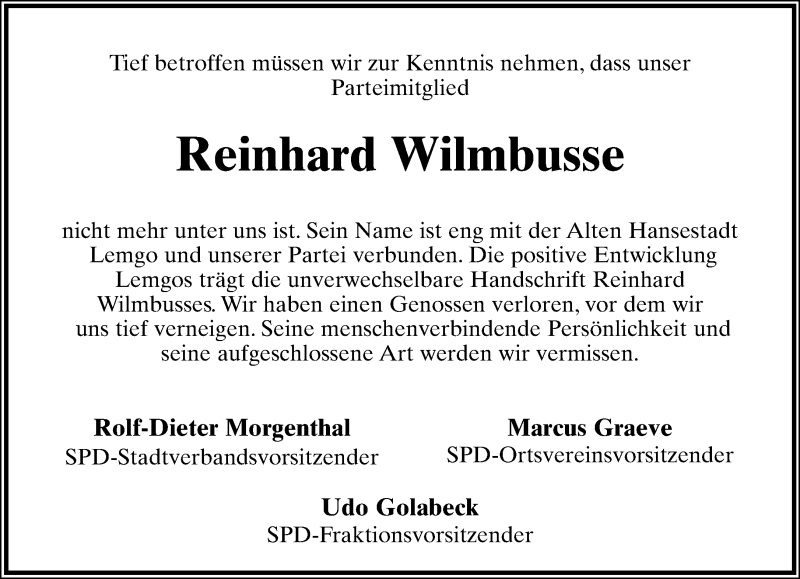  Traueranzeige für Reinhard Wilmbusse vom 26.02.2014 aus Lippische Landes-Zeitung