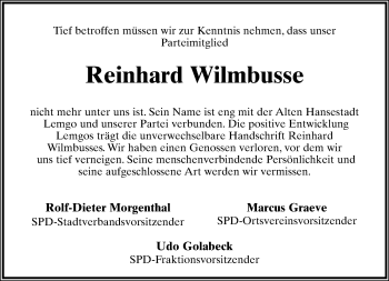 Anzeige  Reinhard Wilmbusse  Lippische Landes-Zeitung