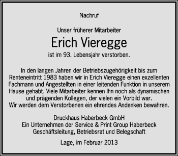Anzeige  Erich Vieregge  Lippische Landes-Zeitung