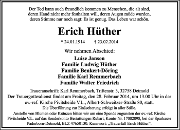 Anzeige  Erich Hüther  Lippische Landes-Zeitung