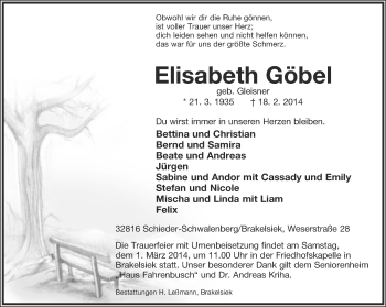 Anzeige  Elisabeth Göbel  Lippische Landes-Zeitung