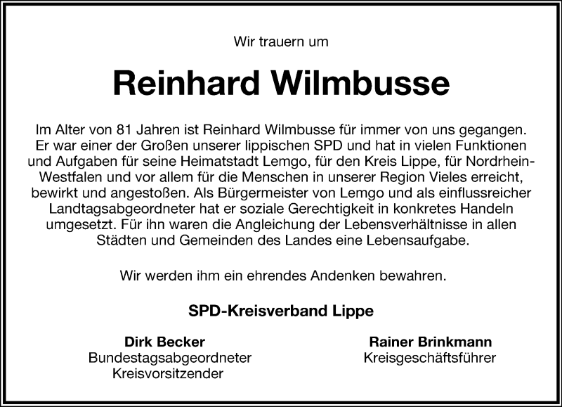  Traueranzeige für Reinhard Wilmbusse vom 26.02.2014 aus Lippische Landes-Zeitung