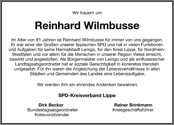 Anzeige  Reinhard Wilmbusse  Lippische Landes-Zeitung