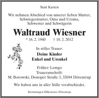 Anzeige  Waltraud Wiesner  Lippische Landes-Zeitung