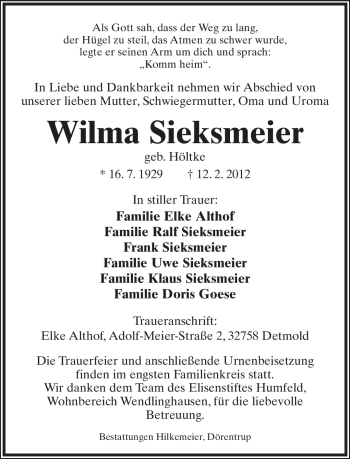 Anzeige  Wilma Sieksmeier  Lippische Landes-Zeitung