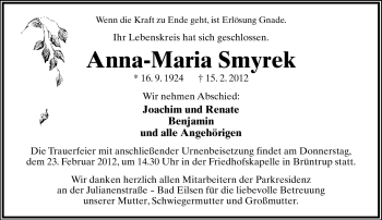 Anzeige  Anna-Maria Smyrek  Lippische Landes-Zeitung