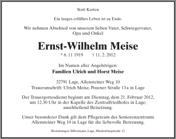 Anzeige  Ernst-Wilhelm Meise  Lippische Landes-Zeitung