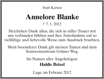 Anzeige  Annelore Blanke  Lippische Landes-Zeitung