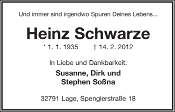 Anzeige  Heinz Schwarze  Lippische Landes-Zeitung