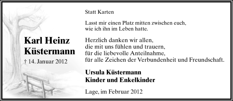  Traueranzeige für Karl Heinz  Küstermann vom 18.02.2012 aus Lippische Landes-Zeitung