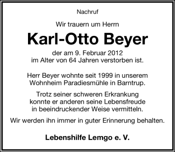 Anzeige  Karl-Otto Beyer  Lippische Landes-Zeitung