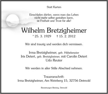 Anzeige  Wilhelm Bretzigheimer  Lippische Landes-Zeitung