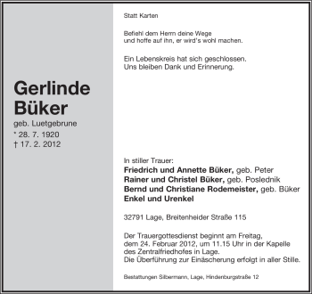 Anzeige  Gerlinde Büker  Lippische Landes-Zeitung