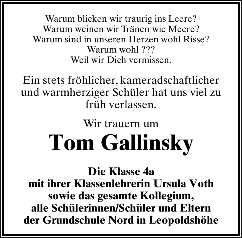  Traueranzeige für Tom Gallinsky vom 22.02.2012 aus Lippische Landes-Zeitung