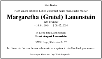 Anzeige  Margaretha Lauenstein  Lippische Landes-Zeitung