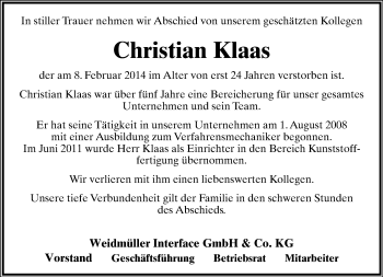 Anzeige  Christian Klaas  Lippische Landes-Zeitung