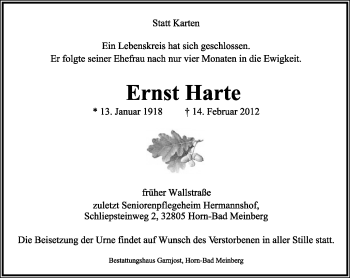 Anzeige  Ernst Harte  Lippische Landes-Zeitung