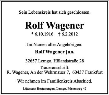 Anzeige  Rolf Wagener  Lippische Landes-Zeitung