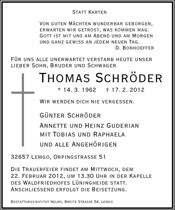 Anzeige  Thomas Schröder  Lippische Landes-Zeitung