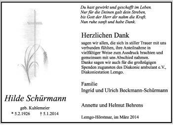 Anzeige  Hilde Schürmann  Lippische Landes-Zeitung