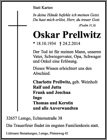 Anzeige  Oskar Prellwitz  Lippische Landes-Zeitung